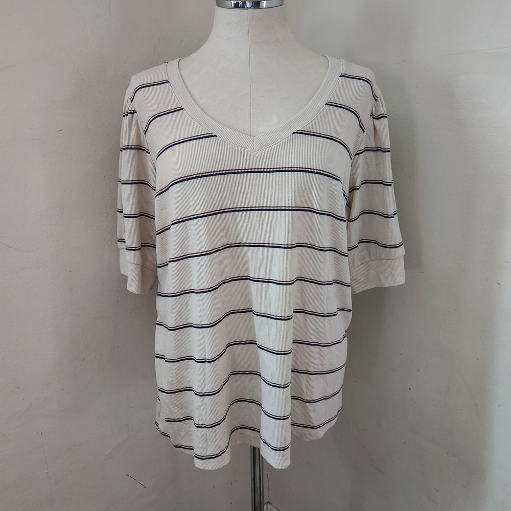 Falls Creek‎ Womens 3X Striped Ribbed V-Neck Puff Sleeve Top Cream Navy